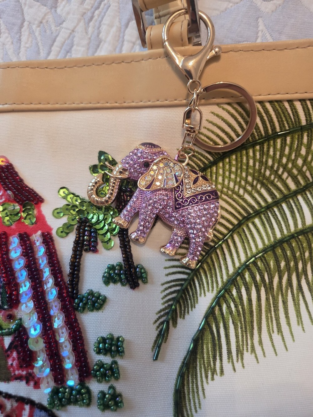 Beaded Elephant Print Tote Bag With Rhinestone Key Ring.